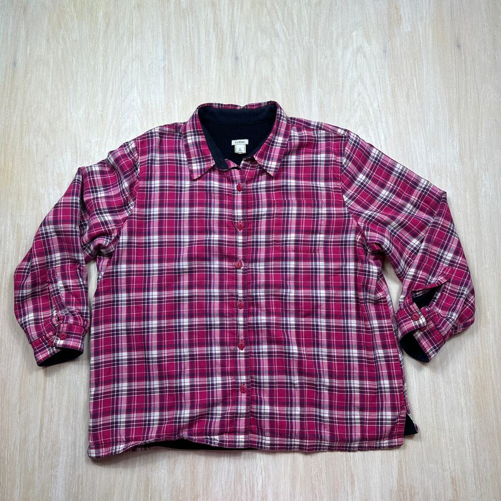 L.L. Bean Fleece Lined Pink Plaid Flannel Button Down Shirt Jacket Petite XL